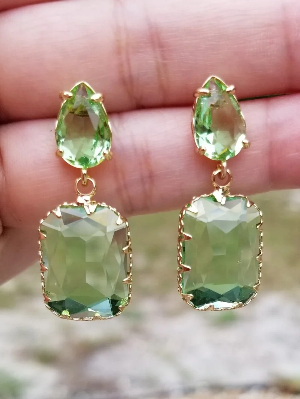 14k Gold Peridot Stud Earrings, Rectangular Peridot Dangle Earrings, Green Stone